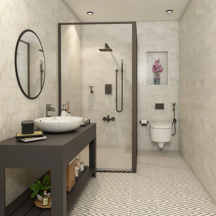 Black And White Bathroom Design With Grey Vanity Unit | Livspace