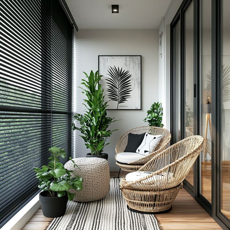 Picture of Balcony Design Featuring Scandinavian Woven Wicker Chairs and Wooden ...