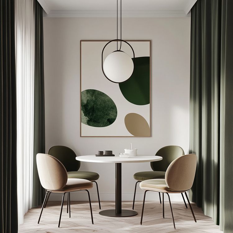 Dining Room Design with Contemporary Circular Table, Abstract Art, and ...