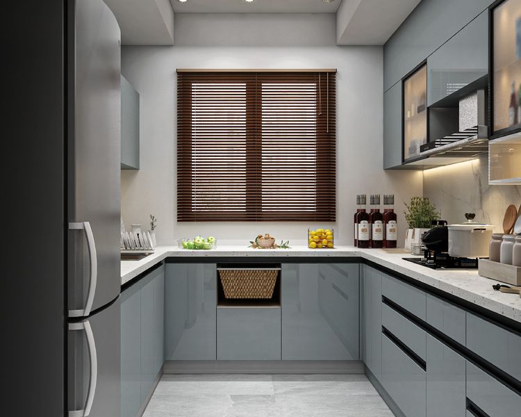 U-Shaped Modern Kitchen Design with Silver Storage Units and Quartz ...