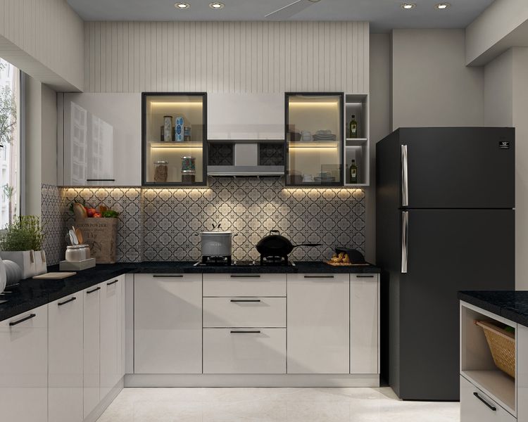 Modern L-Shaped Kitchen Design with Quartz Countertop and Multicoloured ...