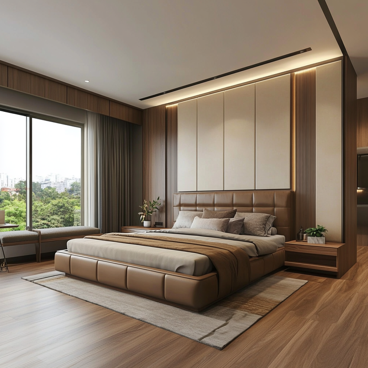 Master Bedroom Design with Modern Wooden Paneling, Cream Accents, and ...