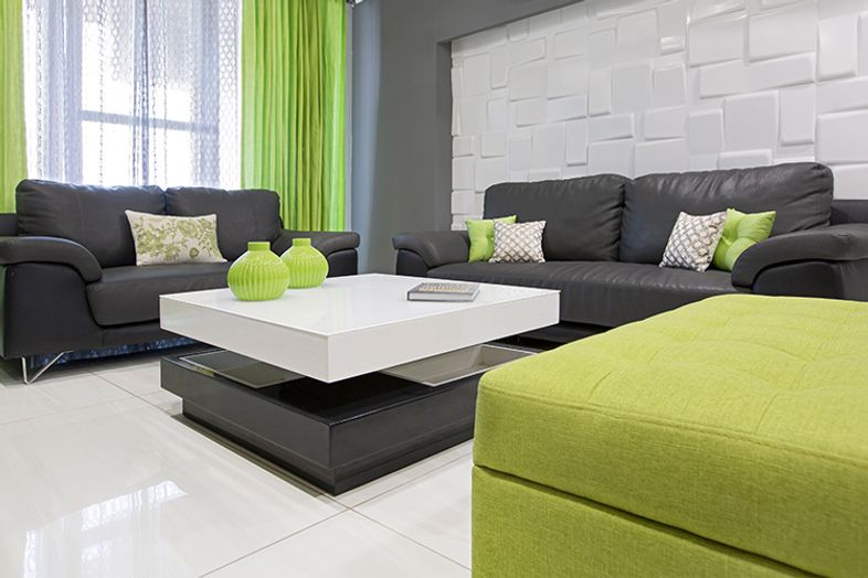 Noida interior design black and spring green living room