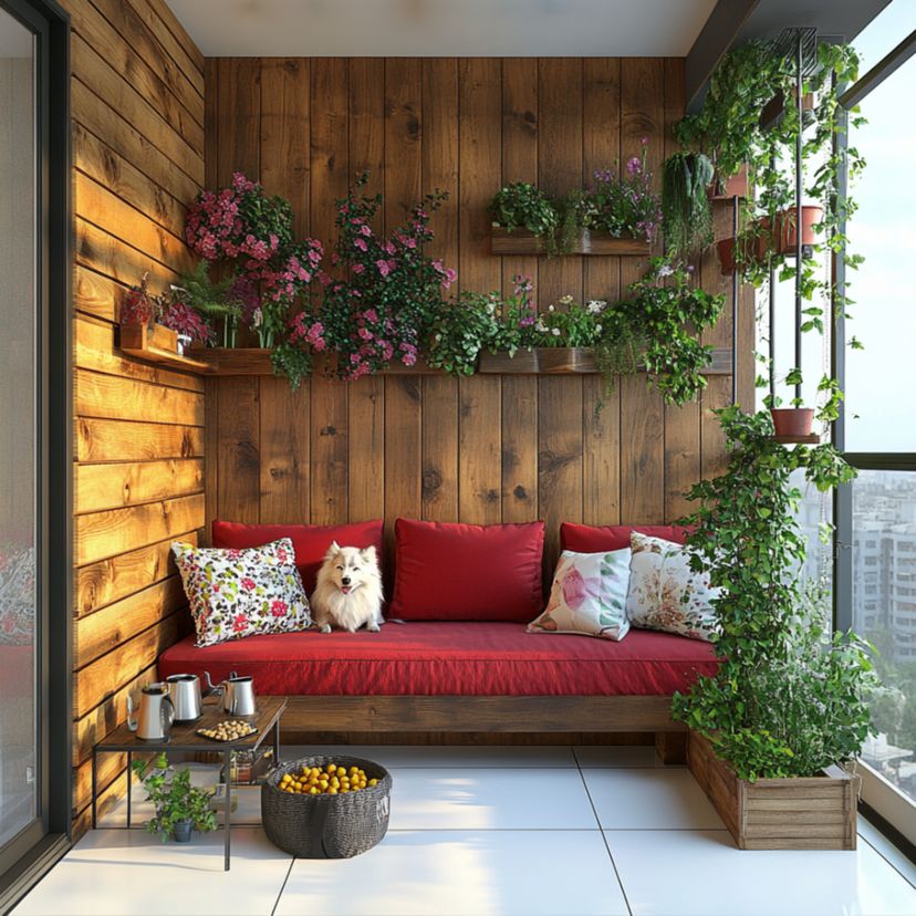 Rustic Balcony Design With Built-in Green Wall Shelves, Plants, Wooden ...