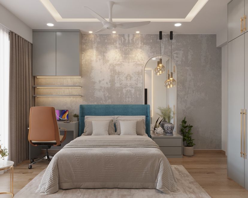 Contemporary Guest Bedroom Design With Grey Wallpaper and Wooden ...