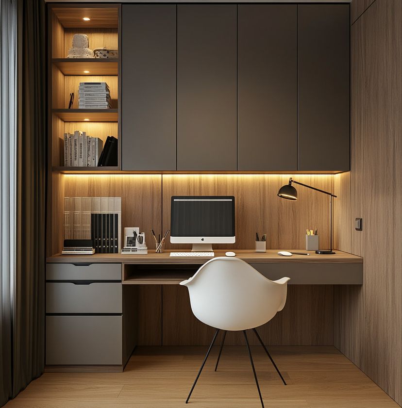 Modern Home Office Design with Ergonomic Chair and Upper Cabinets ...