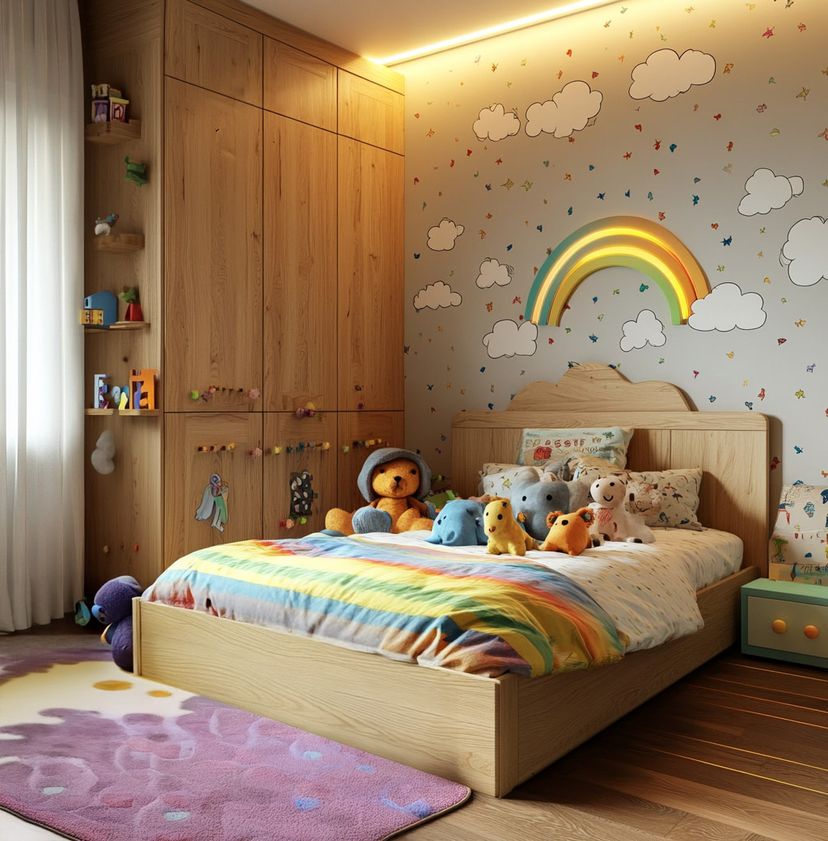 Modern Kids Bedroom Design with Rainbow Wallpaper, Cove Lighting and ...