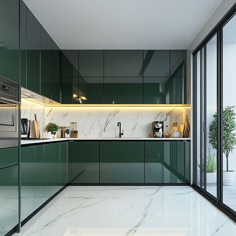 L-Shaped Contemporary Kitchen Design With Sliding Glass Doors, Green ...