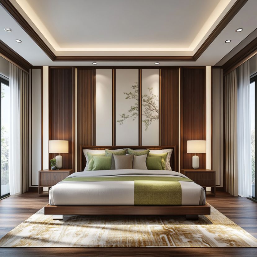 Contemporary Master Bedroom Design with Botanical Art and Wooden Panels ...