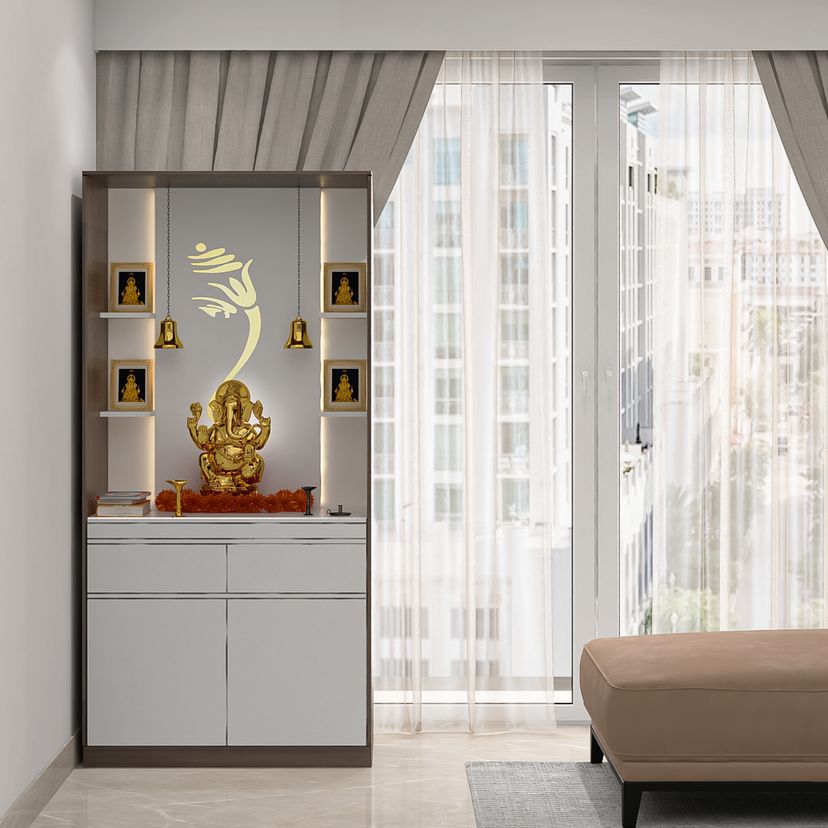 White Contemporary Pooja Unit Design with Backlit Display Niche and ...