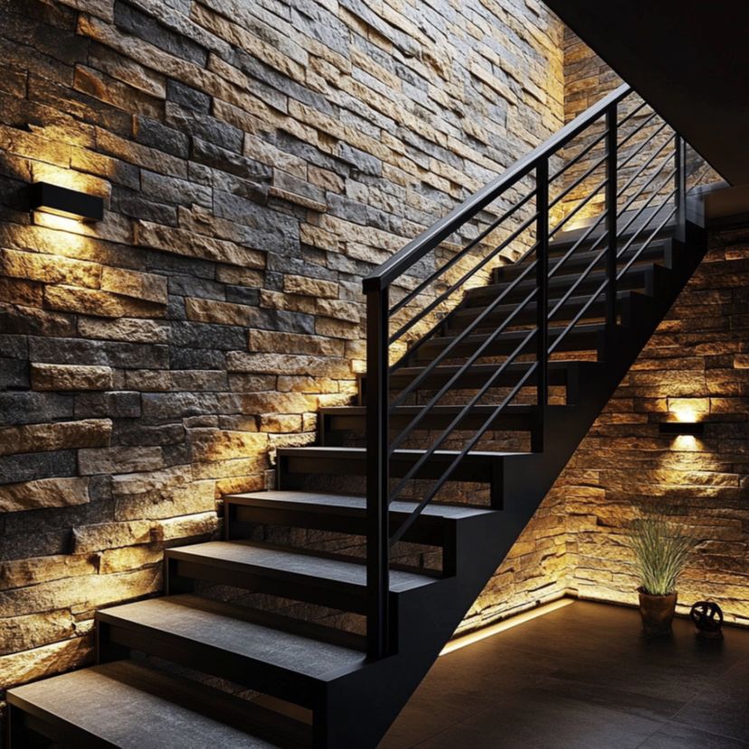 Industrial Style Straight Staircase Design with Wooden Steps and Metal ...