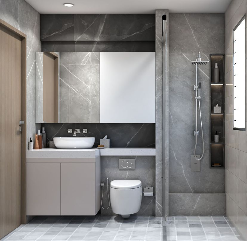 Contemporary Bathroom Design With Quartz Top, Recessed Shower Bench And ...