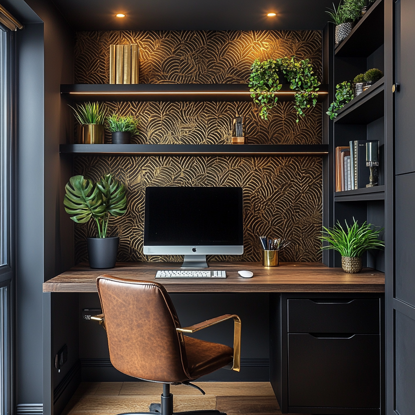 Black Home Office Design with Modern Rich Leather Chair, Shelves and ...
