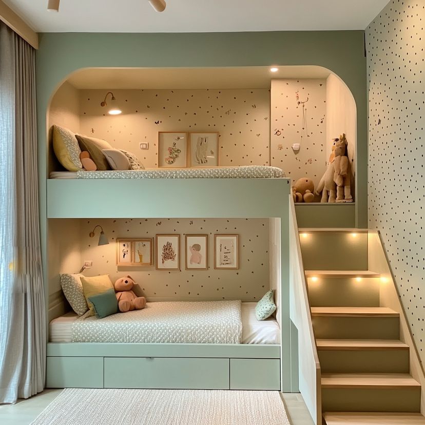 Kids Bedroom Design with Modern Bunk Bed, Wallpaper Walls, and Space ...