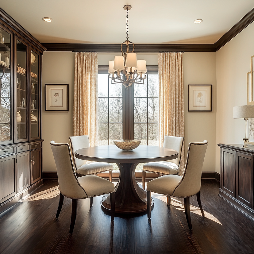 Dining Room Design with Traditional Cream Upholstered Dining Chairs and ...