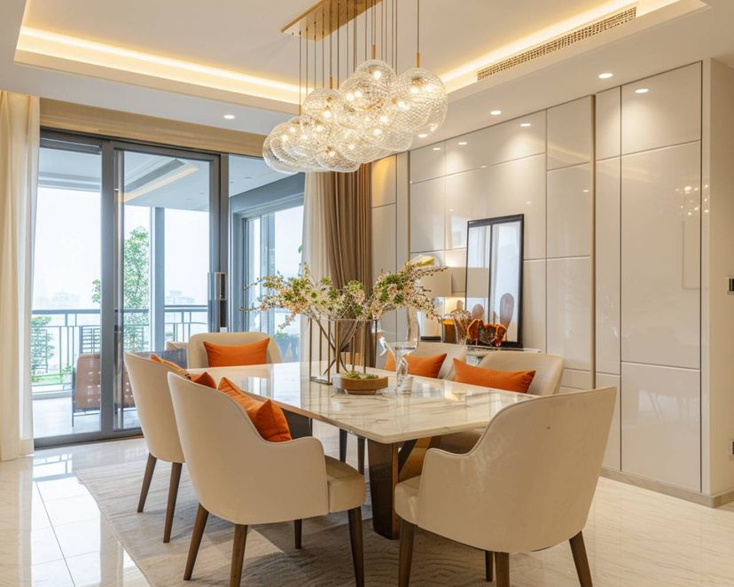 6-Seater Modern Dining Room Design with Marble Table and Cream ...