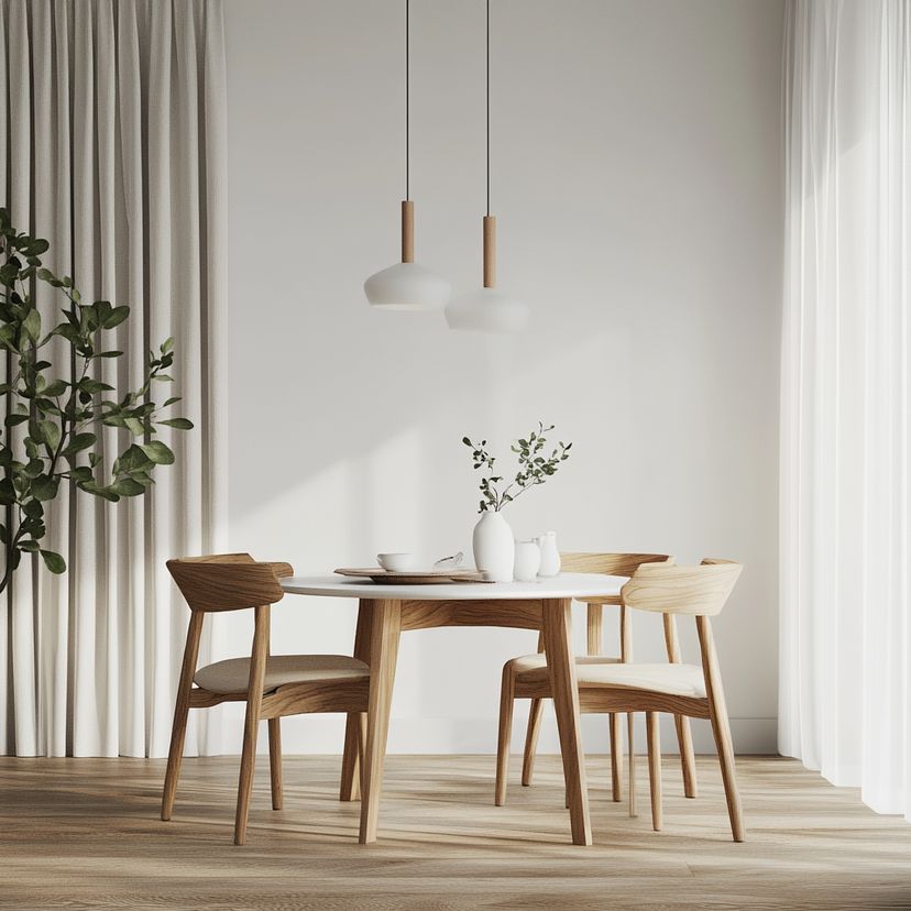 Dining Room Design with Modern Wooden Dining Table, Cream Walls and ...