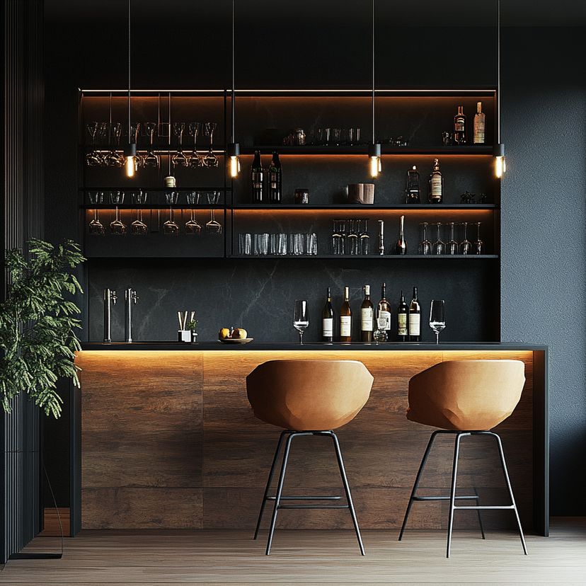Sophisticated Modern Home Bar Design with Warm Lighting and Dark Colors ...
