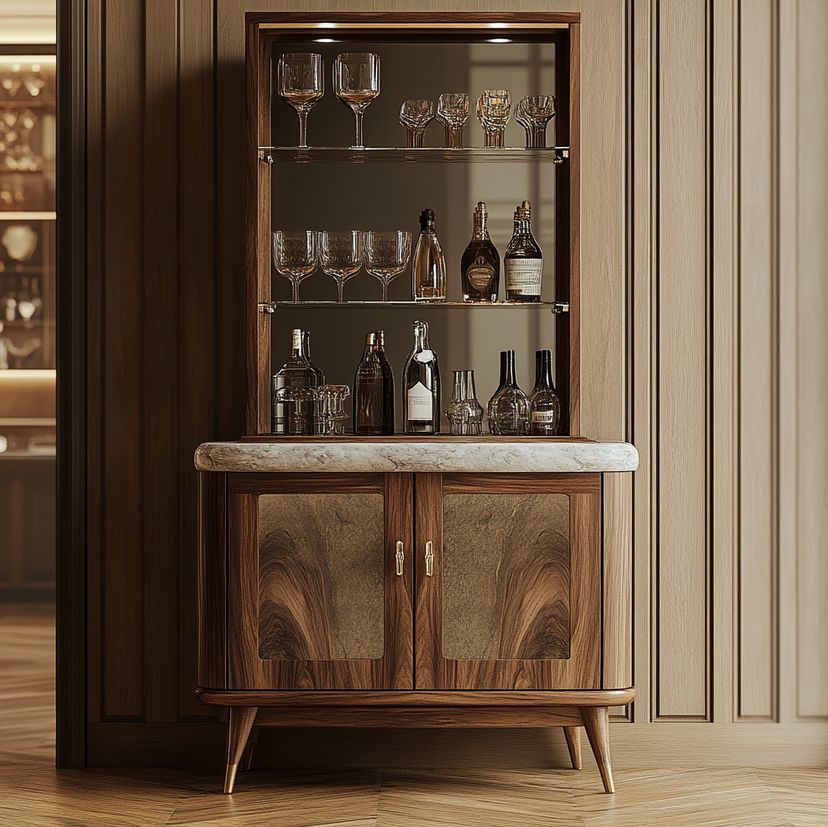 Walnut Brown Mid-century Modern Home Bar Design with Mirrored Back and ...
