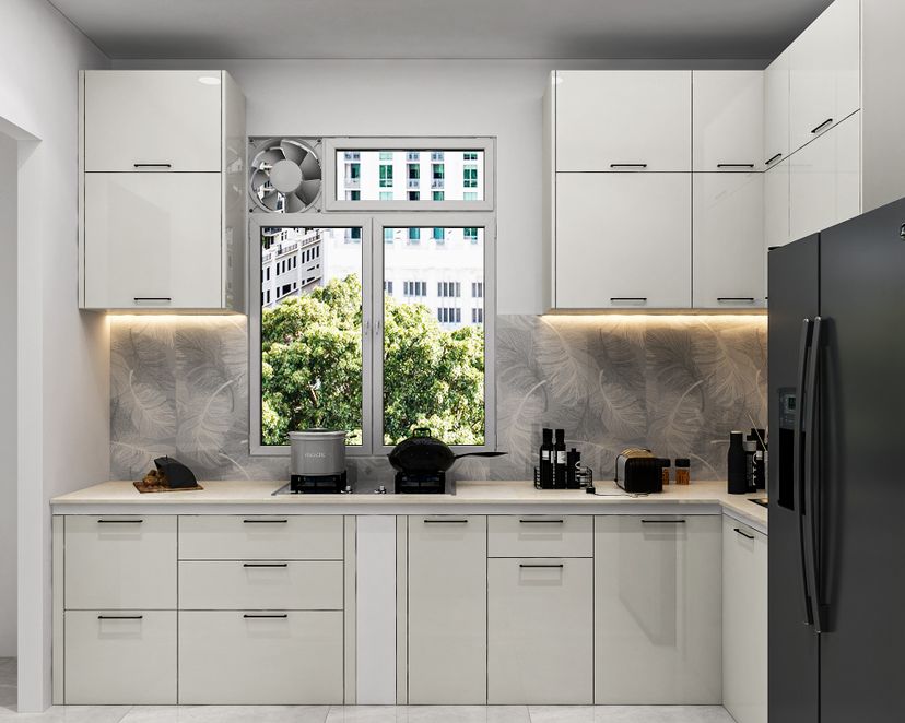 Contemporary Champagne and White L-Shaped Kitchen Design With White ...