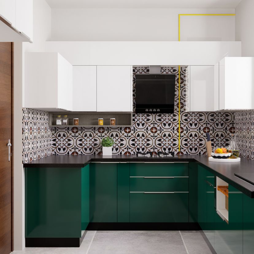 Contemporary U-Shaped Kitchen Design With Granite Top, Emerald Cabinets ...