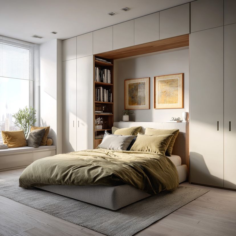 Minimal Guest Bedroom Design Featuring Full-Height Wardrobe and Wooden ...