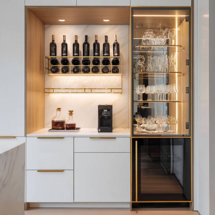 Modern White and Wood Home Bar Design with Glass Display Shelves and ...