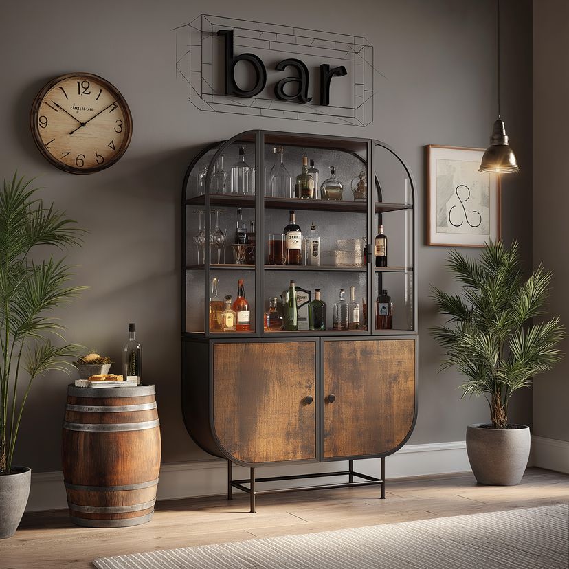 Industrial Home Bar Design with Black Metal Frame and Wooden Storage ...