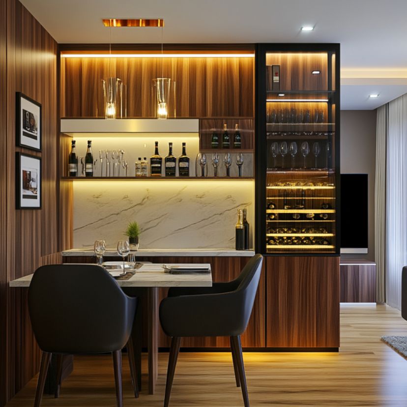 Modern Home Bar Design with Glass Cabinets, Ambient Lighting and Sleek ...