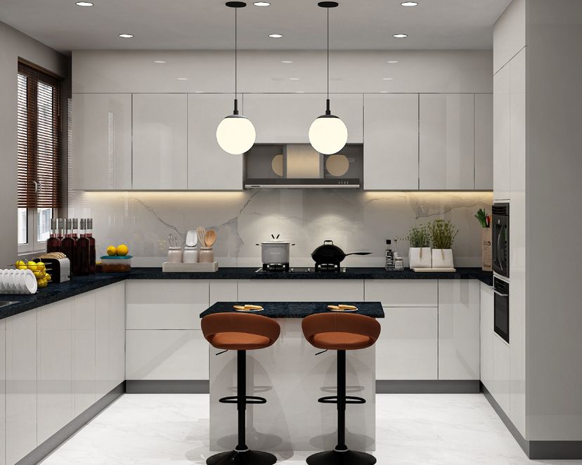 Island Kitchen Design with Modern High-Gloss Cabinets, Granite ...