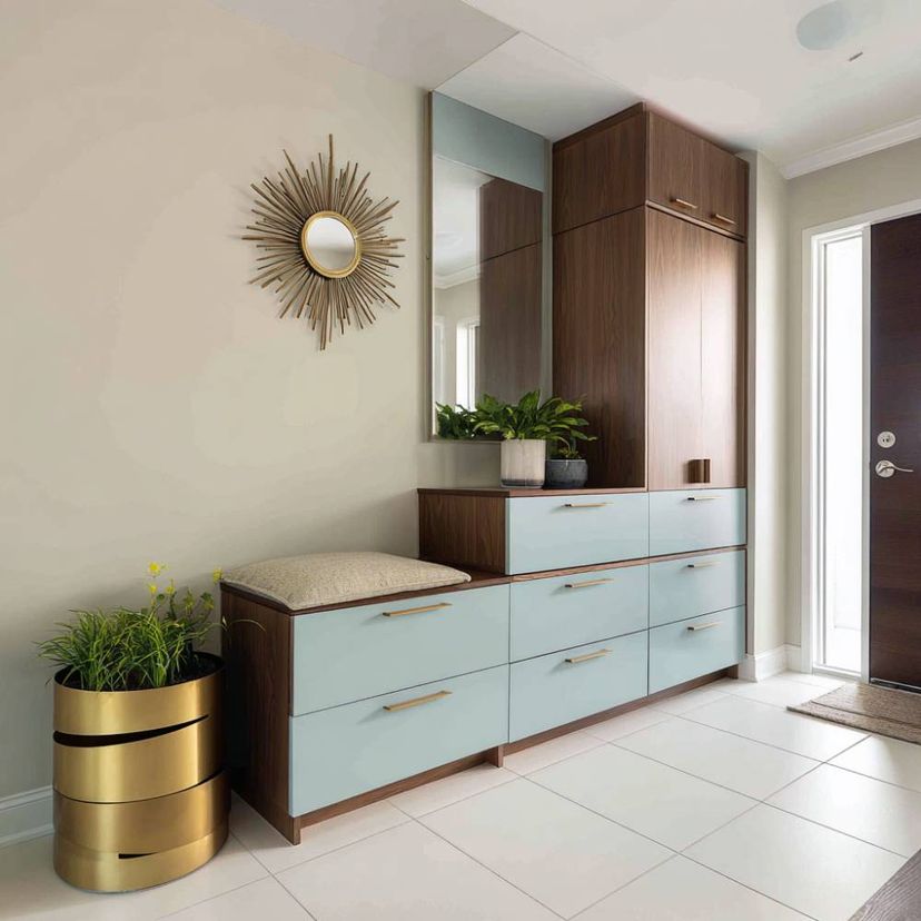 Contemporary Blue and Walnut Foyer Design with Wardrobe Storage | Livspace