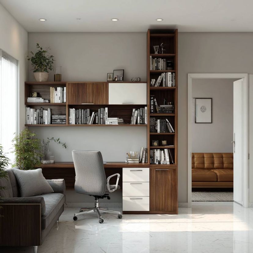 Contemporary Home Office Design with Teak Storage Wall and Wide Work ...