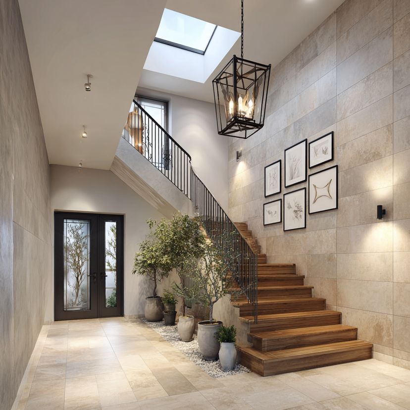 L-Shaped Contemporary Staircase Design With Wood Glass Finish | Livspace