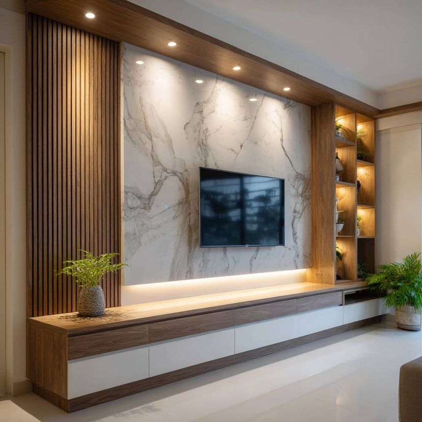 Contemporary White and Walnut TV Unit Design with Marble Wall Backdrop ...