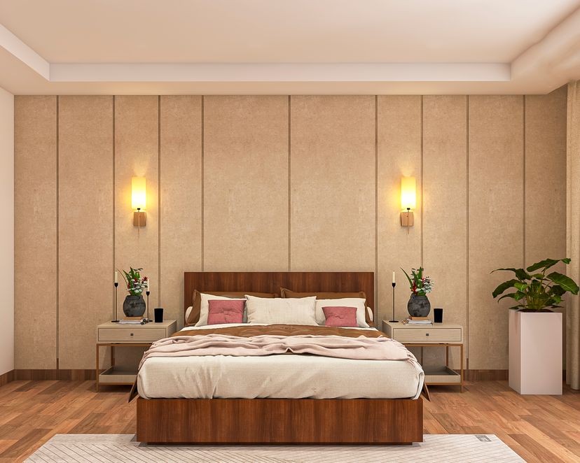 Textured Brown Bedroom Wallpaper With Grooves | Livspace