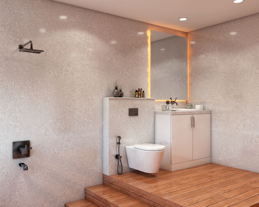 Grey Bathroom Design With Wooden Flooring - 9X6 Ft | Livspace