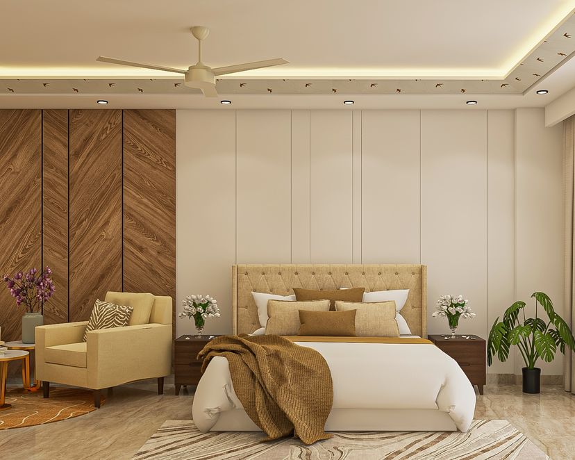 Spacious Guest Room Design With Beige And Wooden Wall Panelling | Livspace