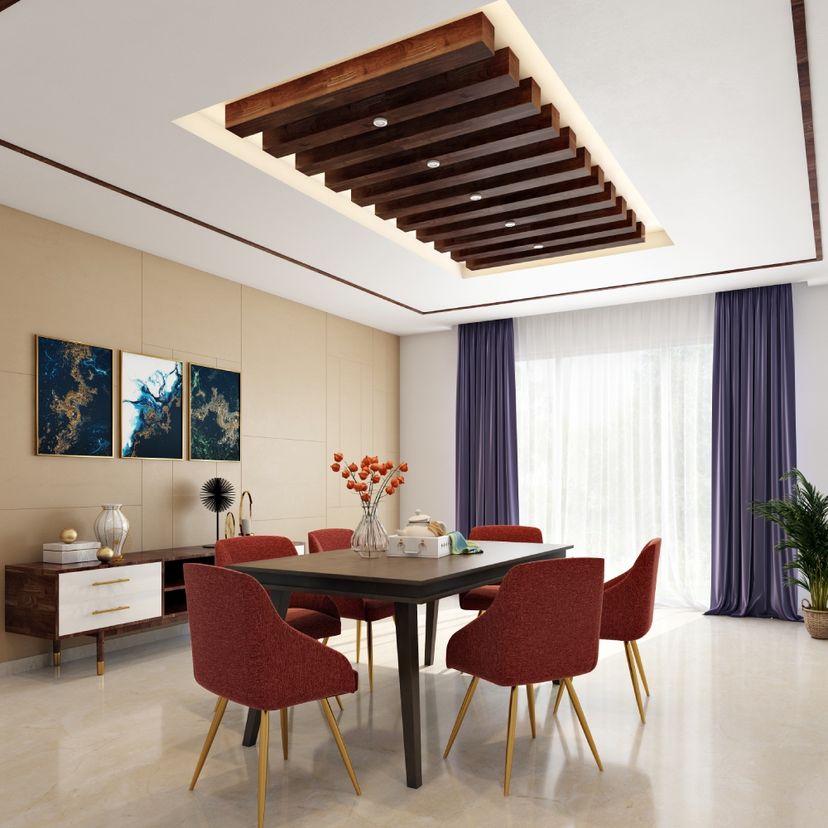 "Red Chairs and Wooden Table: Contemporary Dining Room Design | Livspace
