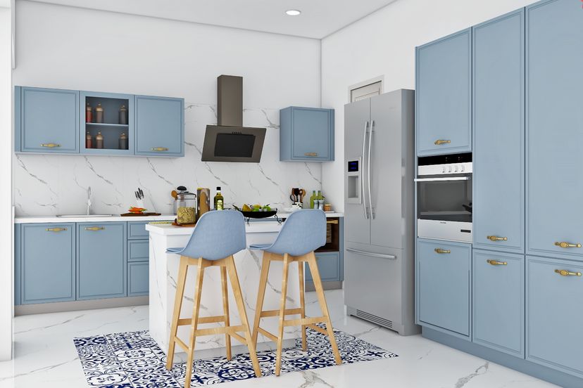 Classic Island Kitchen Design with Denim Suedette Cabinets | Livspace