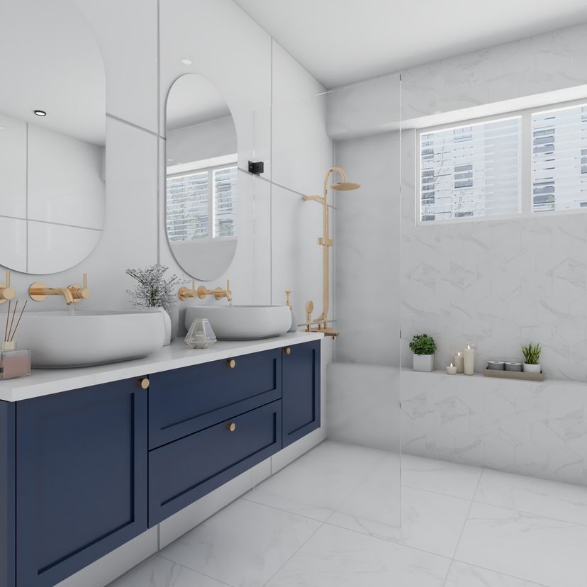 Spacious White And Blue Bathroom For Two With Quartz Bathroom ...