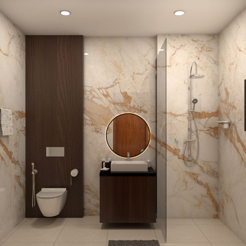 Traditional Round Mirror Cream Marble Bathroom Design With Shower