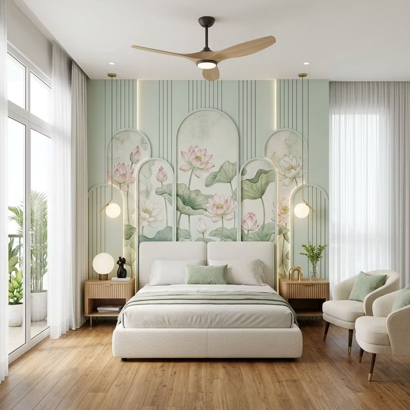 Contemporary Master Bedroom Design with Lounge Chairs and Lotus ...