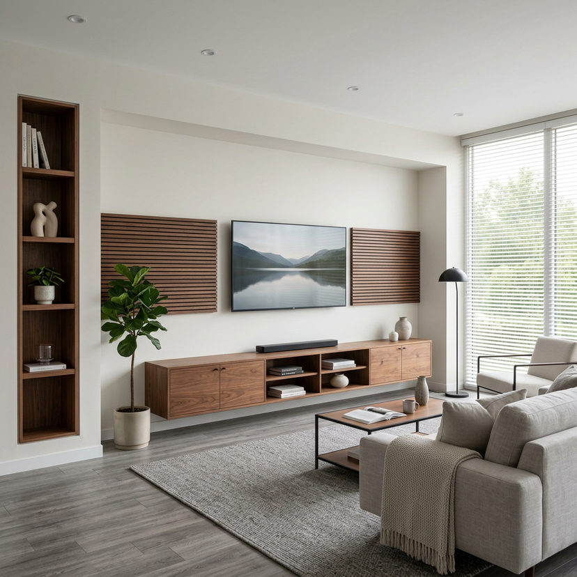 Contemporary Teak TV Unit Design with Horizontal Slatted Wood Panels ...