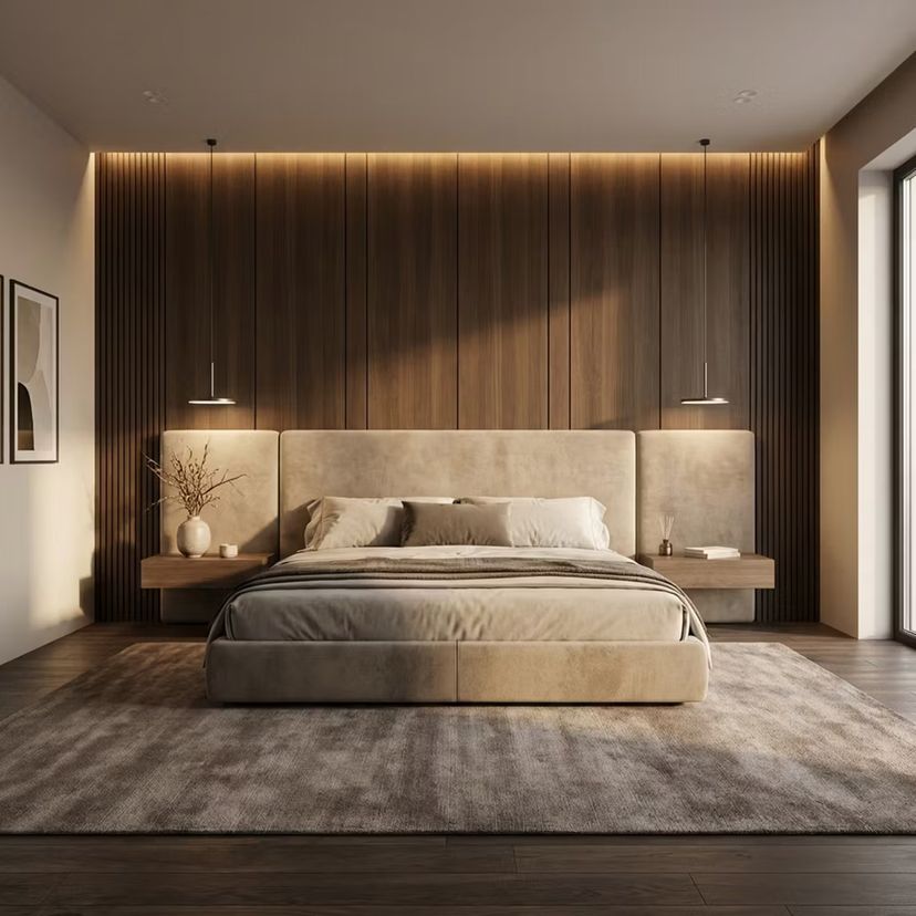 Modern Bedroom Wall Design with Vertical Fluted Brown Wood Paneling ...