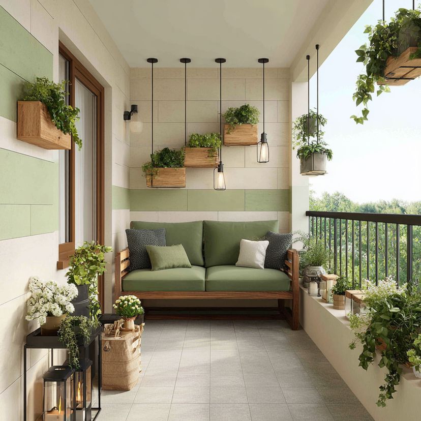 Contemporary Balcony Design with Striped Green Planter Backdrop | Livspace