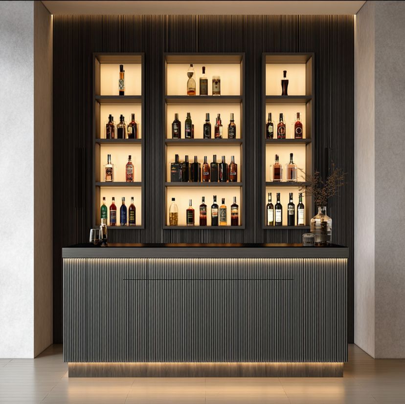 Wood Modern Home Bar Design with Backlit Display Shelving and Matte ...
