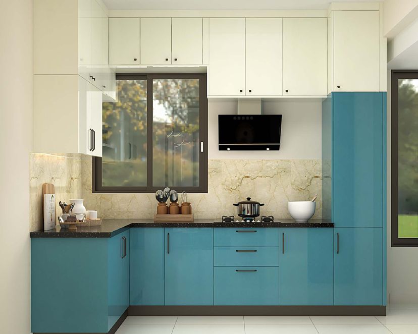 L-Shaped Contemporary Kitchen Design with Gloss White and Blue Cabinets ...