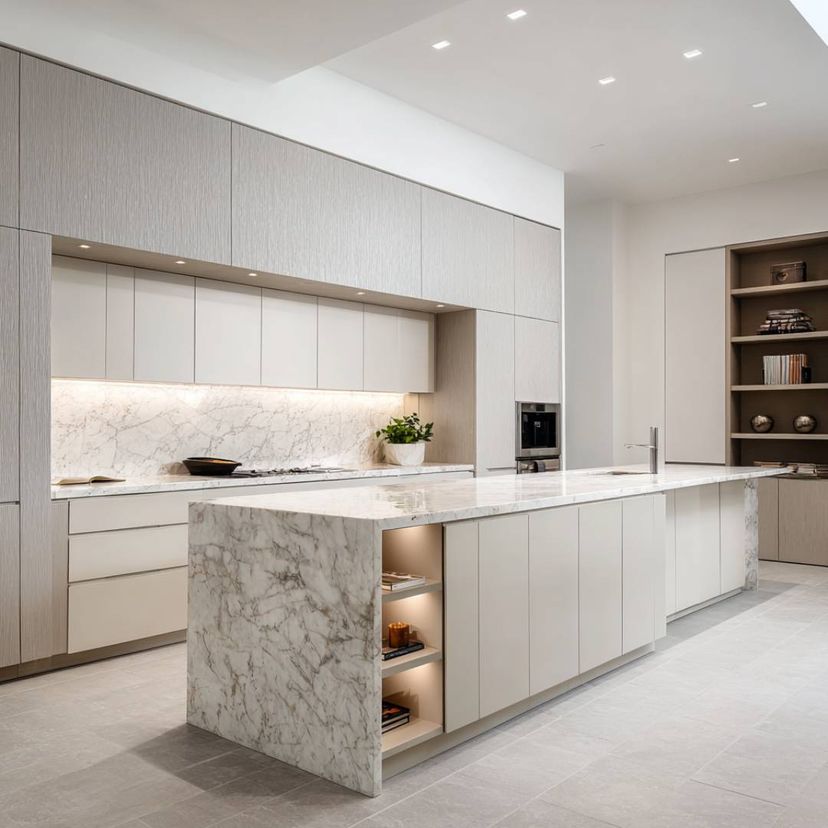 Modern Steel and Champagne Island Kitchen Design with Illuminated ...