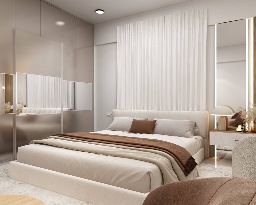 Contemporary Master Bedroom Design with Mirrored Wardrobe Wall and ...