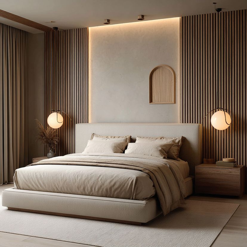 Master Bedroom Design with Minimal Wooden Slat Accent Wall and Low ...